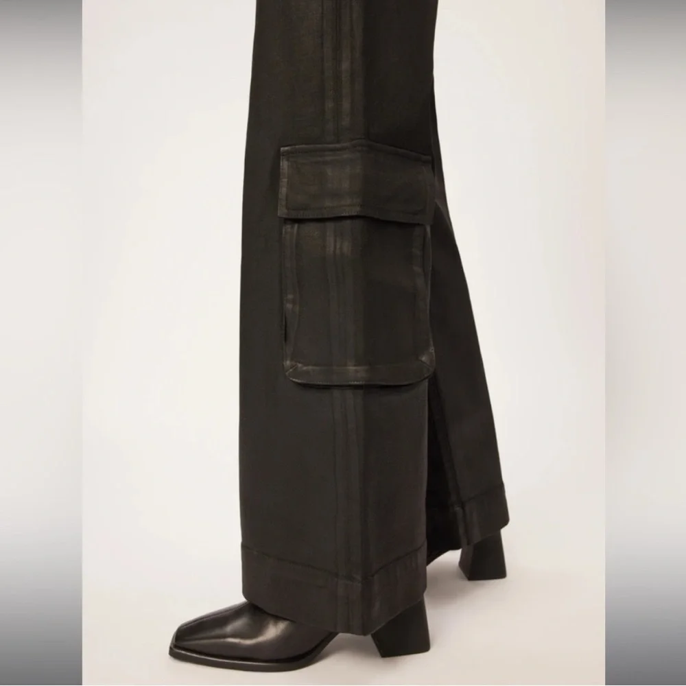 DL1961 Hepburn Wide Leg High Rise Vintage Black Coated Cargo Jeans Pants Sz 33